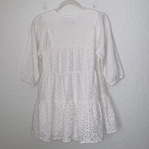 Zara Cotton Sewing V- Neck Buttons Front Tiered Mini Dress Size 9 - Picture 2 of 11